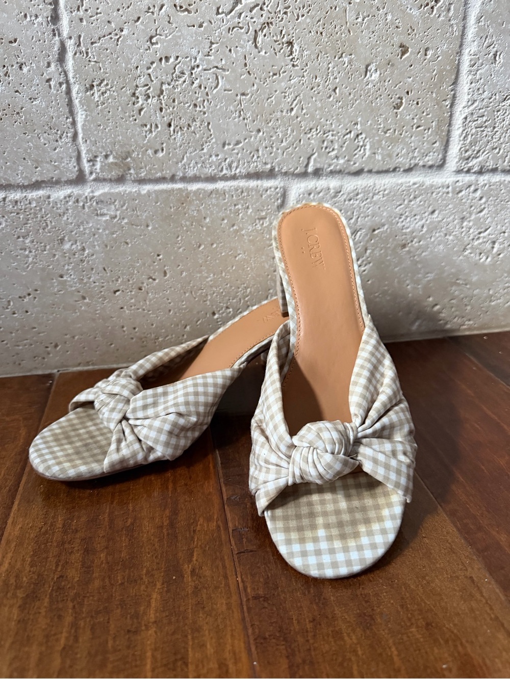 J. Crew Beige Gingham Knot Slide Mules